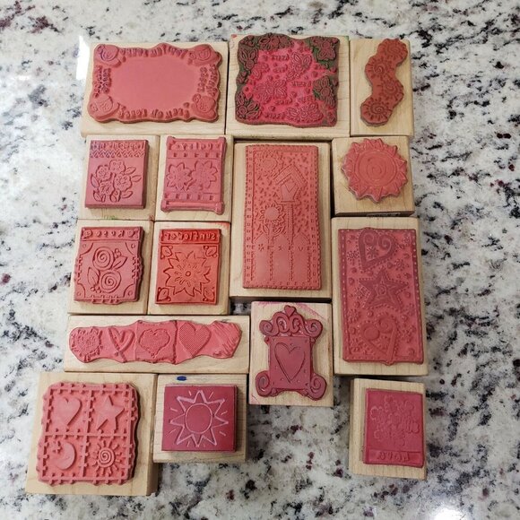 A Stamp In The Hand Co Wood Backed Rubber Stamp Lot Hearts Flowers Coffee Sun - Picture 7 of 10